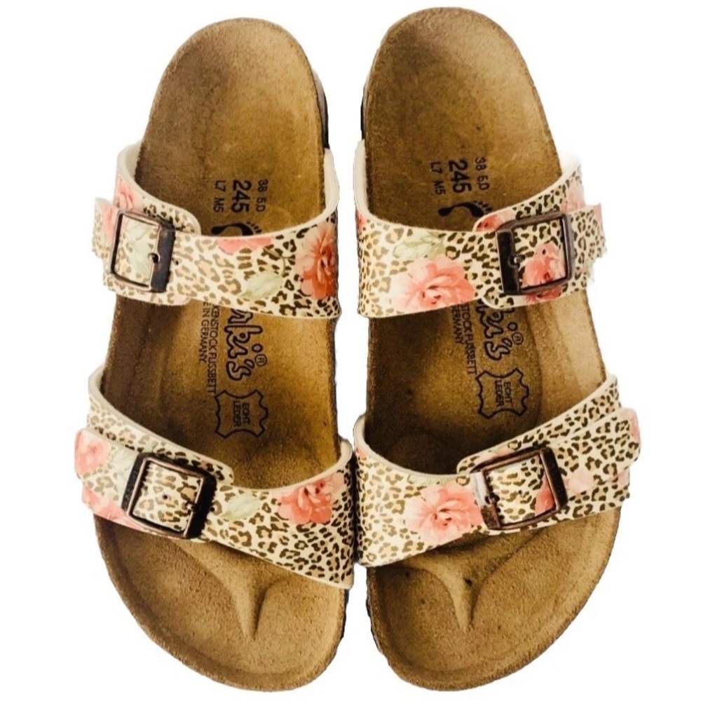 NWT Birkenstock Birki’s Fussbett Double Strap Leopard Rose Sandals Sz 7 Outdoor